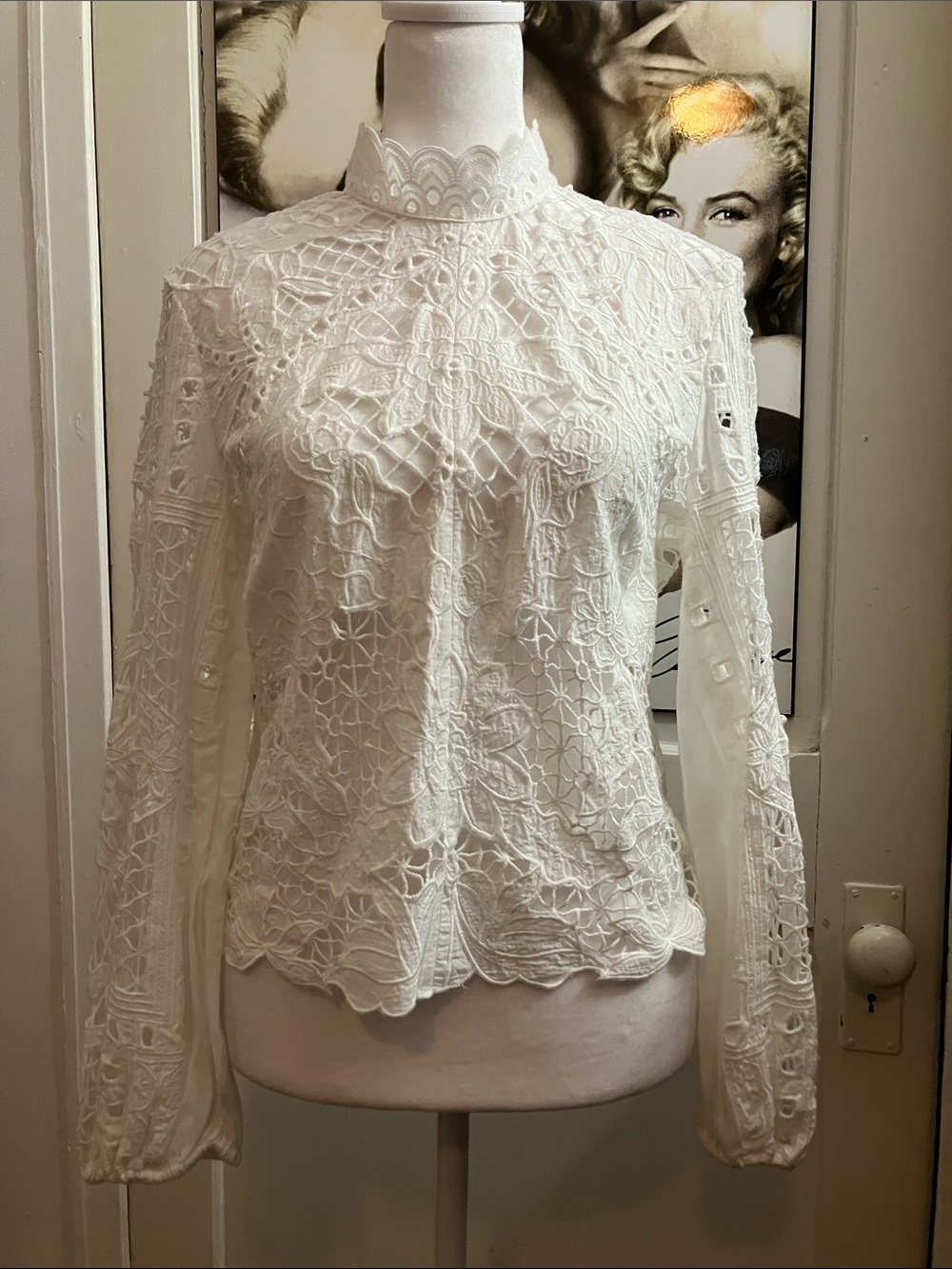 Zara White Lace High-Neck Long Sleeve Blouse